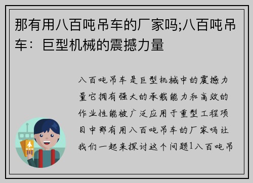 那有用八百吨吊车的厂家吗;八百吨吊车：巨型机械的震撼力量